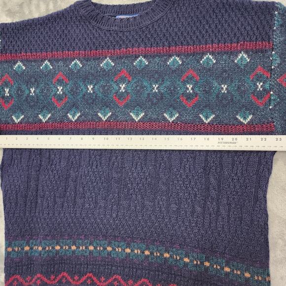 Vintage 70s Pendleton Sweater Mens L Navy Blue Fair Isle Wool Crew Neck Pullover - Picture 5 of 7